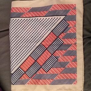 Vintage Sally Gee peach scarf with black, white and orange pattern